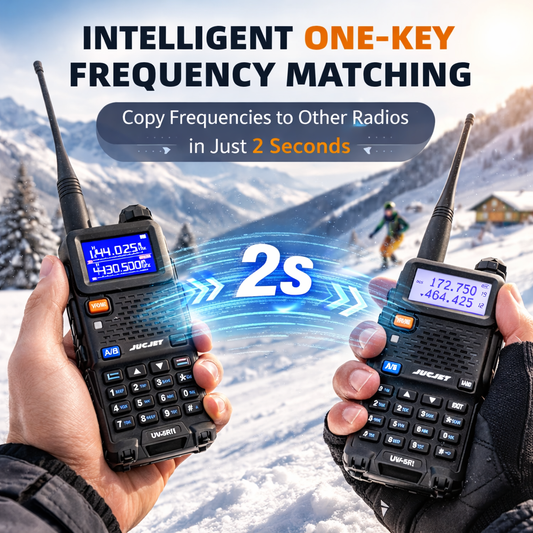 JUCJET 5RH 999 Channel Dual Band Walkie Talkie – 1.77" TFT Color Display VHF/UHF Two Way Radio with One-Key Frequency Copy & High-Gain Antenna