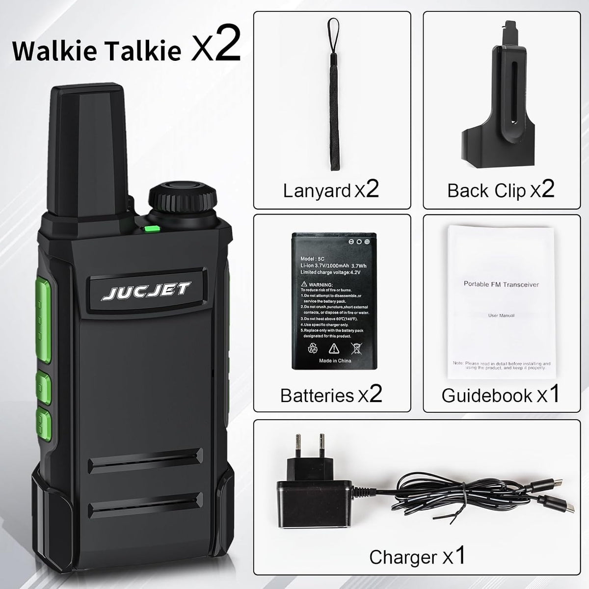 JUCJET TG-A1 2-pack contents: radios, batteries, belt clips, lanyards, manual and USB charger