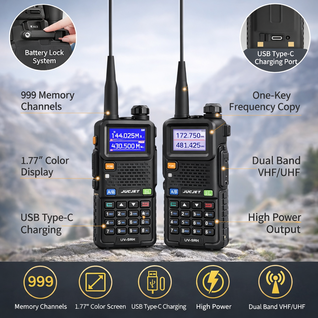JUCJET 5RH 999 Channel Dual Band Walkie Talkie – 1.77" TFT Color Display VHF/UHF Two Way Radio with One-Key Frequency Copy & High-Gain Antenna