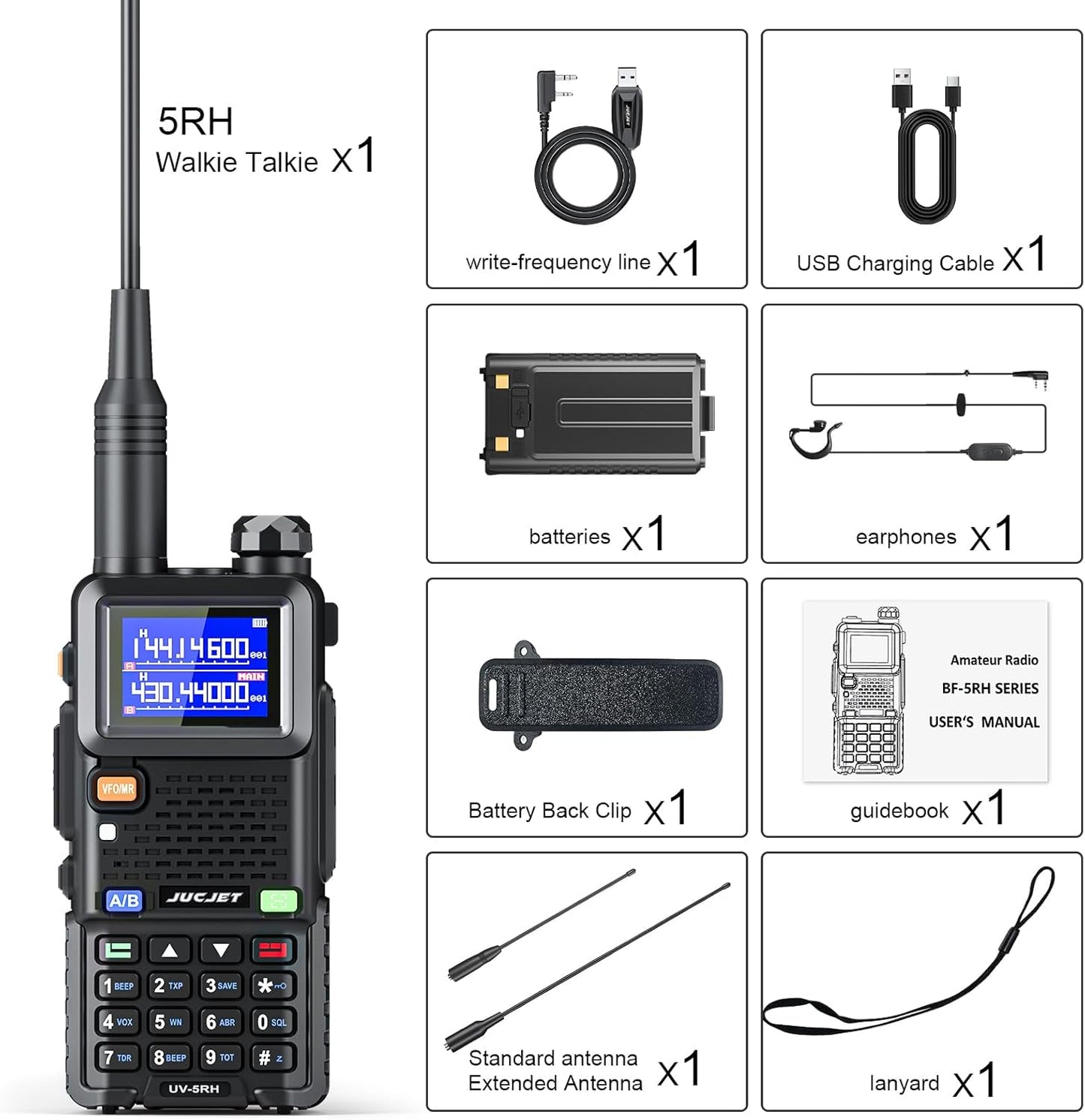 JUCJET 5RH 999 Channel Dual Band Walkie Talkie – 1.77" TFT Color Display VHF/UHF Two Way Radio with One-Key Frequency Copy & High-Gain Antenna