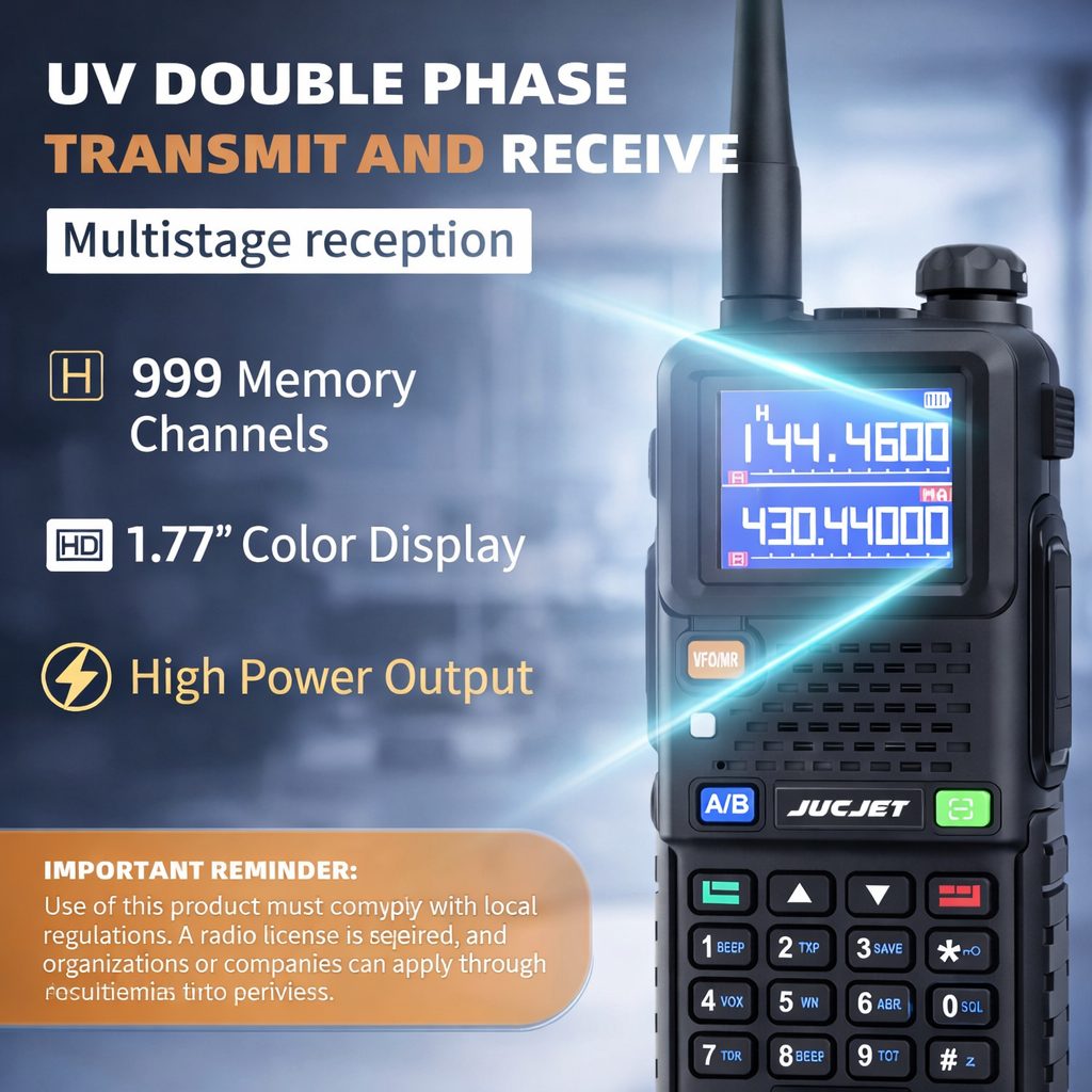 JUCJET 5RH 999 Channel Dual Band Walkie Talkie – 1.77" TFT Color Display VHF/UHF Two Way Radio with One-Key Frequency Copy & High-Gain Antenna