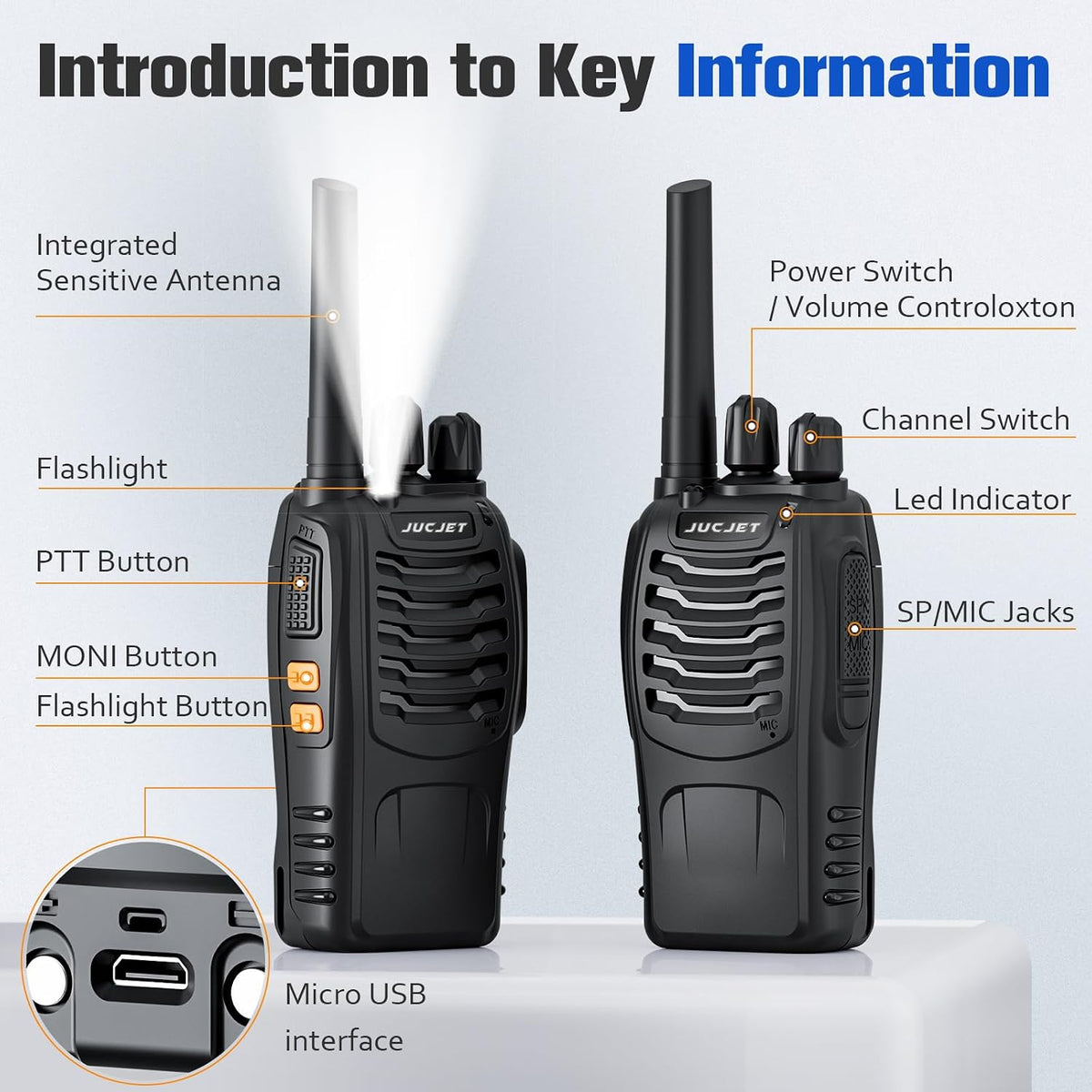 JUCJET H888S FRS two way radios, 16 channel rechargeable walkie talkies with earpieces