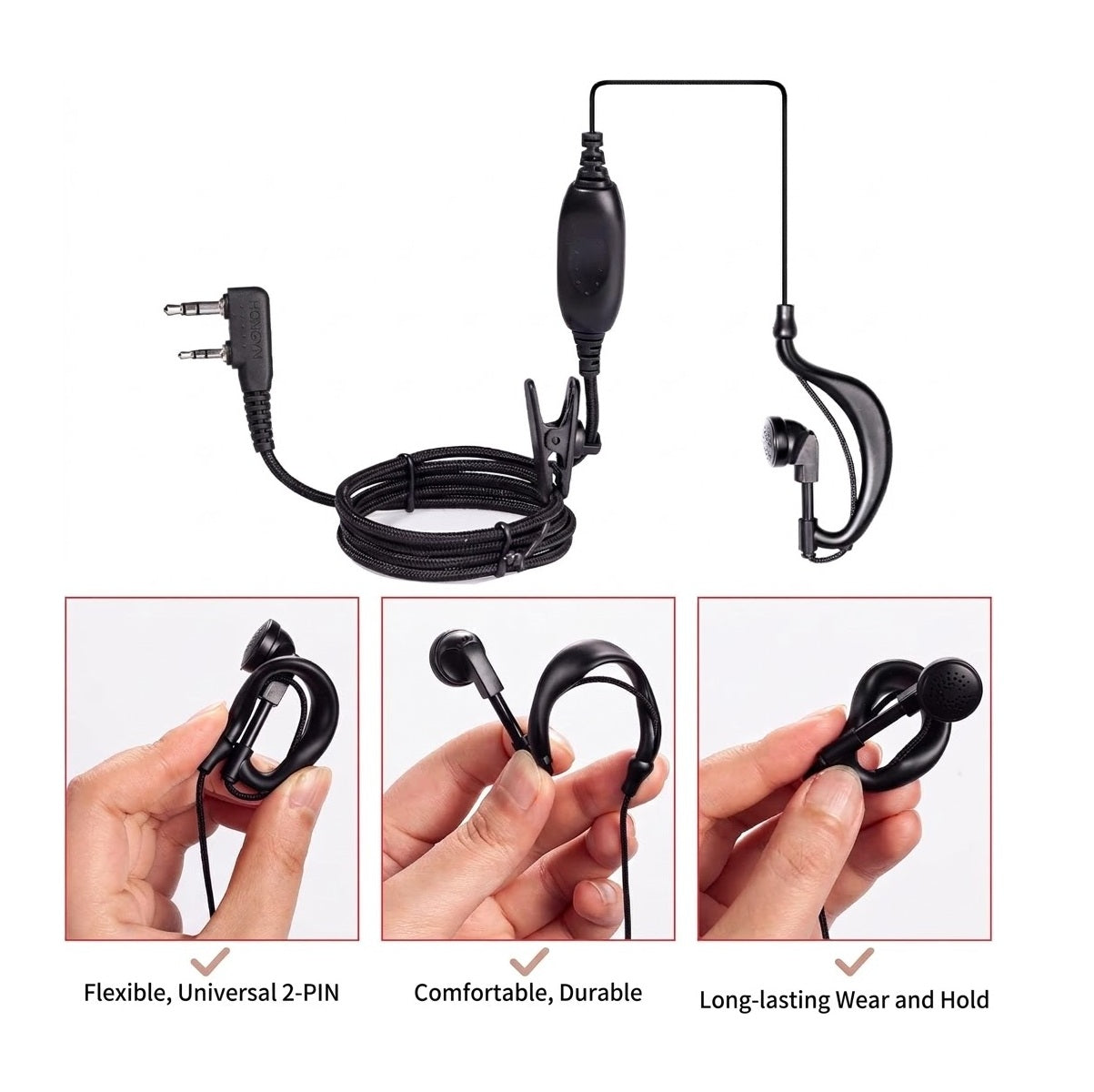 JUCJET Walkie Talkie Headset | Two-Way Radio Earpiece with Mic & PTT (2-Pin, Braided Cable, 2-Pack / 5-Pack)