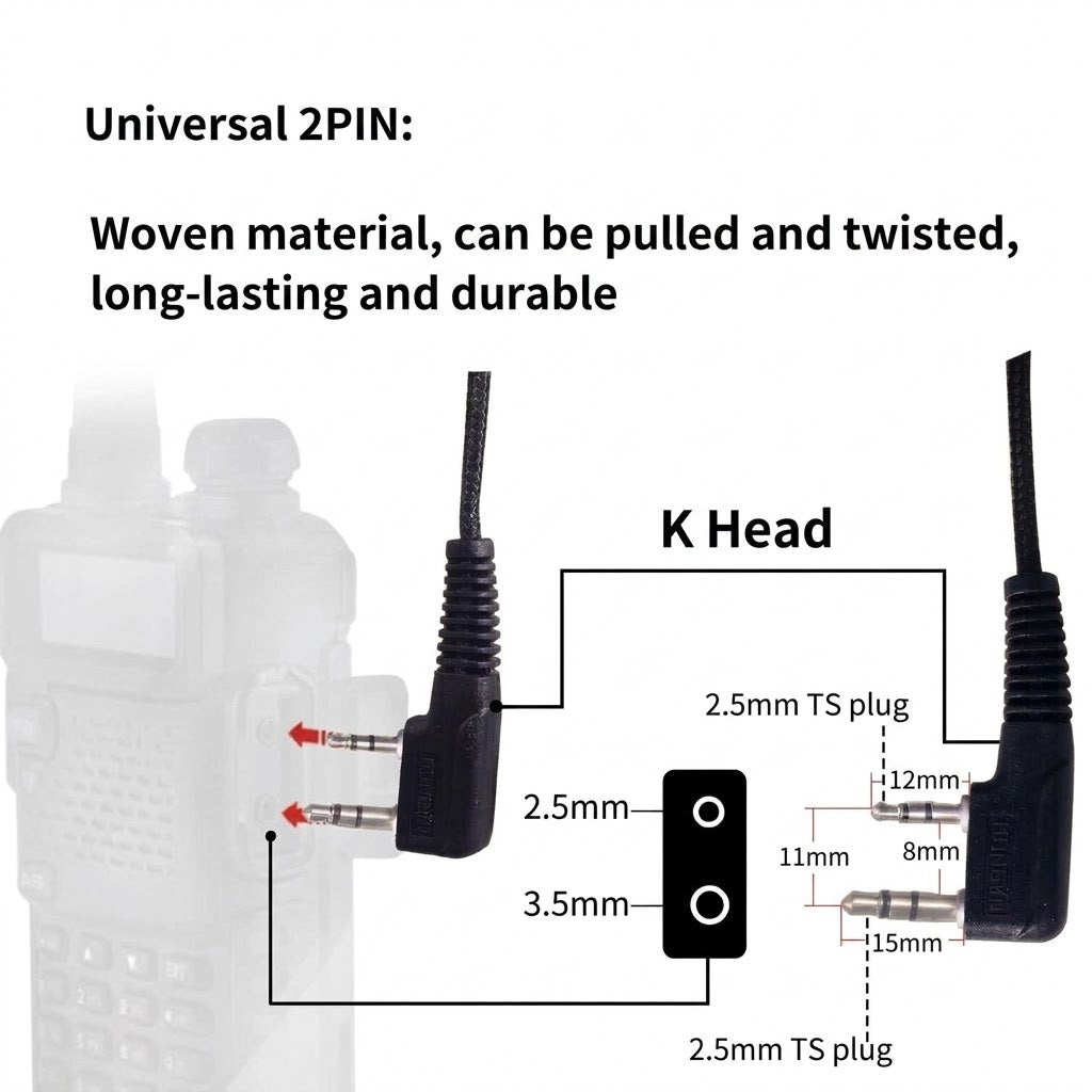 JUCJET Walkie Talkie Headset | Two-Way Radio Earpiece with Mic & PTT (2-Pin, Braided Cable, 2-Pack / 5-Pack)