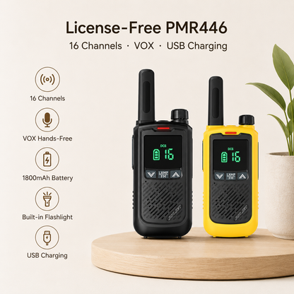 JUCJET T17 PMR446 Walkie Talkies, 16 Channels, VOX, USB Charging, 2-Pack Yellow & Black