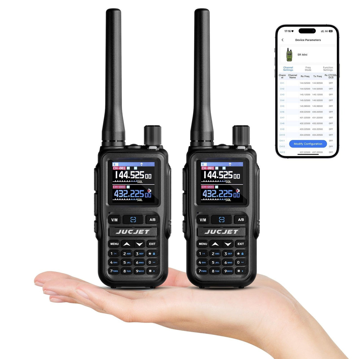 JUCJET 5R Mini dual-band ham radio two-pack held in hand, with phone app channel programming screen
