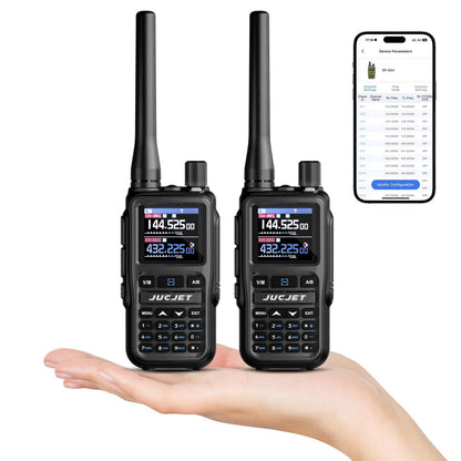 JUCJET 5R Mini dual-band ham radio two-pack held in hand, with phone app channel programming screen