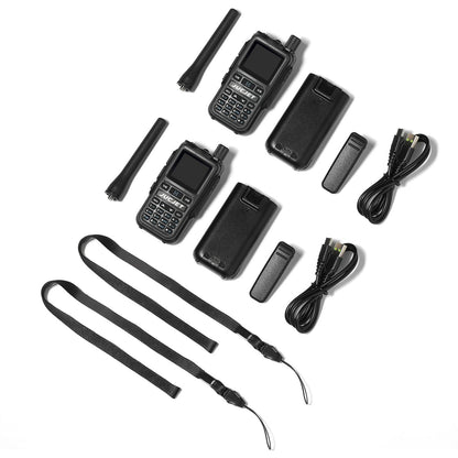 JUCJET 5R Mini 2-pack contents: two radios, antennas, batteries, belt clips, USB-C cables and lanyards