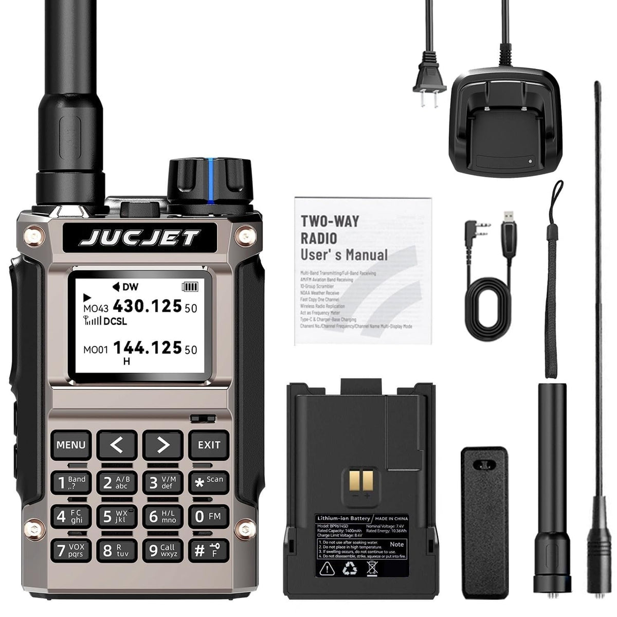 JUCJET UV-K1(8) handheld ham radio with battery, desktop charging base, antenna, hand strap and belt clip