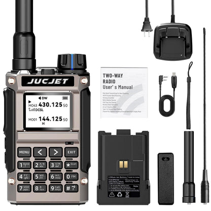 JUCJET UV-K1(8) handheld ham radio with battery, desktop charging base, antenna, hand strap and belt clip