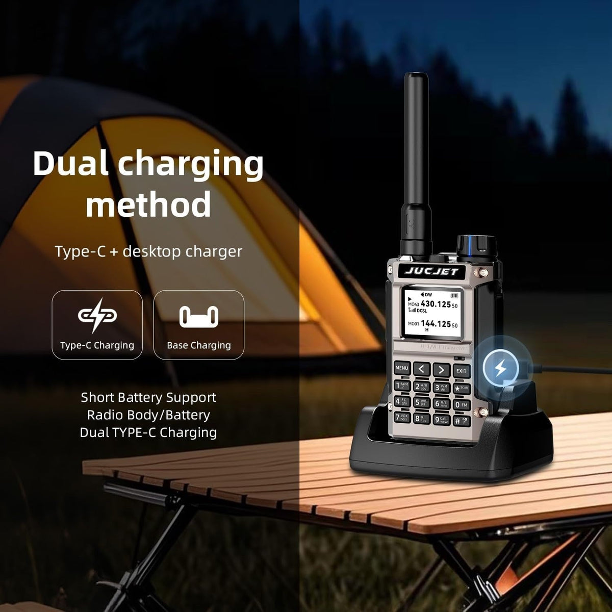 JUCJET UV-K1(8) dual charging: USB Type-C or desktop charging base