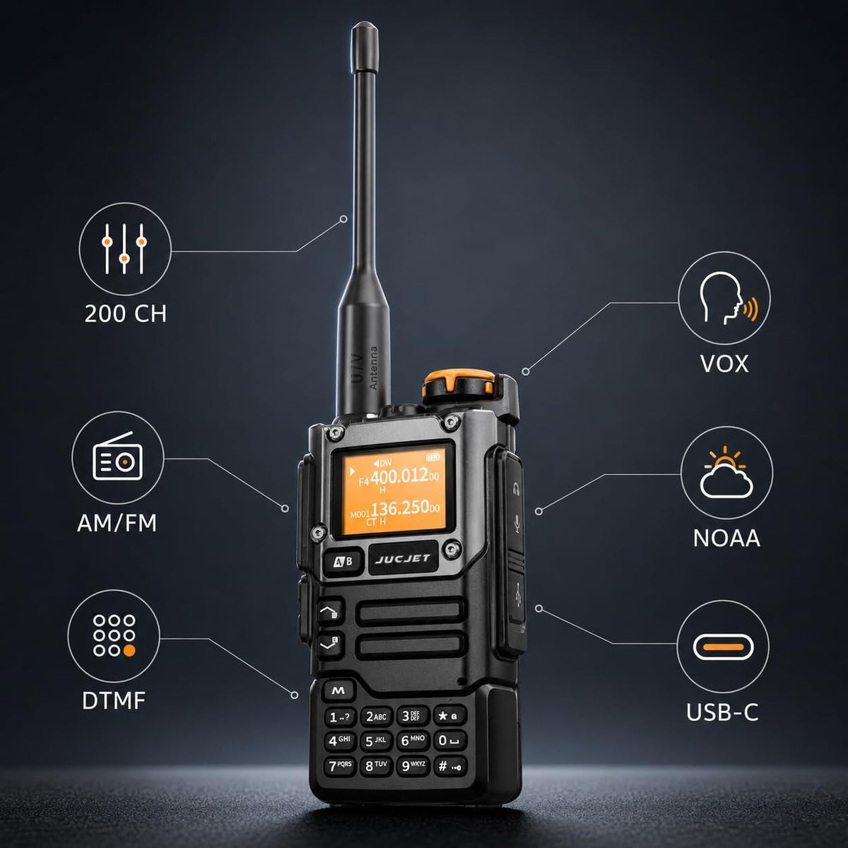 JUCJET UV-K5(8) key features: 200 channels, AM/FM, DTMF, VOX, NOAA weather and USB-C charging