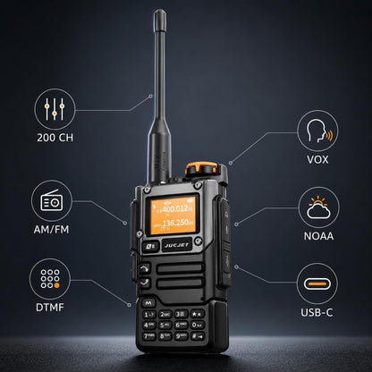 JUCJET UV-K5(8) key features: 200 channels, AM/FM, DTMF, VOX, NOAA weather and USB-C charging