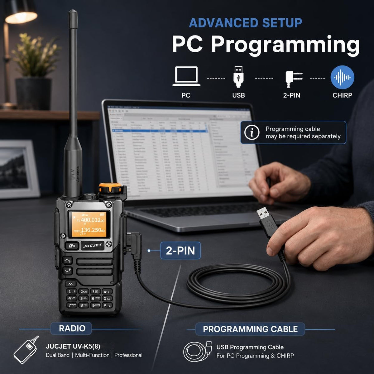 JUCJET UV-K5(8) PC programming with a 2-pin programming cable and CHIRP-compatible software (cable sold separately)