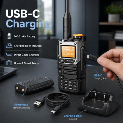 JUCJET UV-K5(8) charges in the desktop dock or through the USB-C port; removable 1600 mAh battery