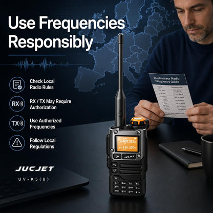 JUCJET UV-K5(8): check local radio rules and transmit only on frequencies you are authorised to use