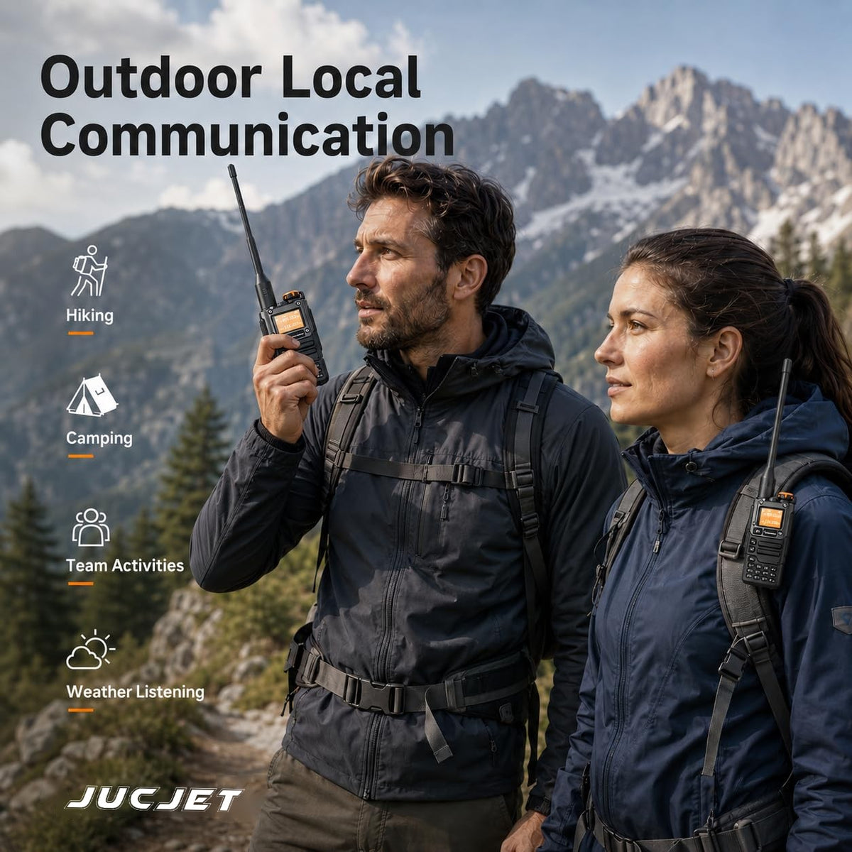 Two hikers using JUCJET UV-K5(8) radios in the mountains