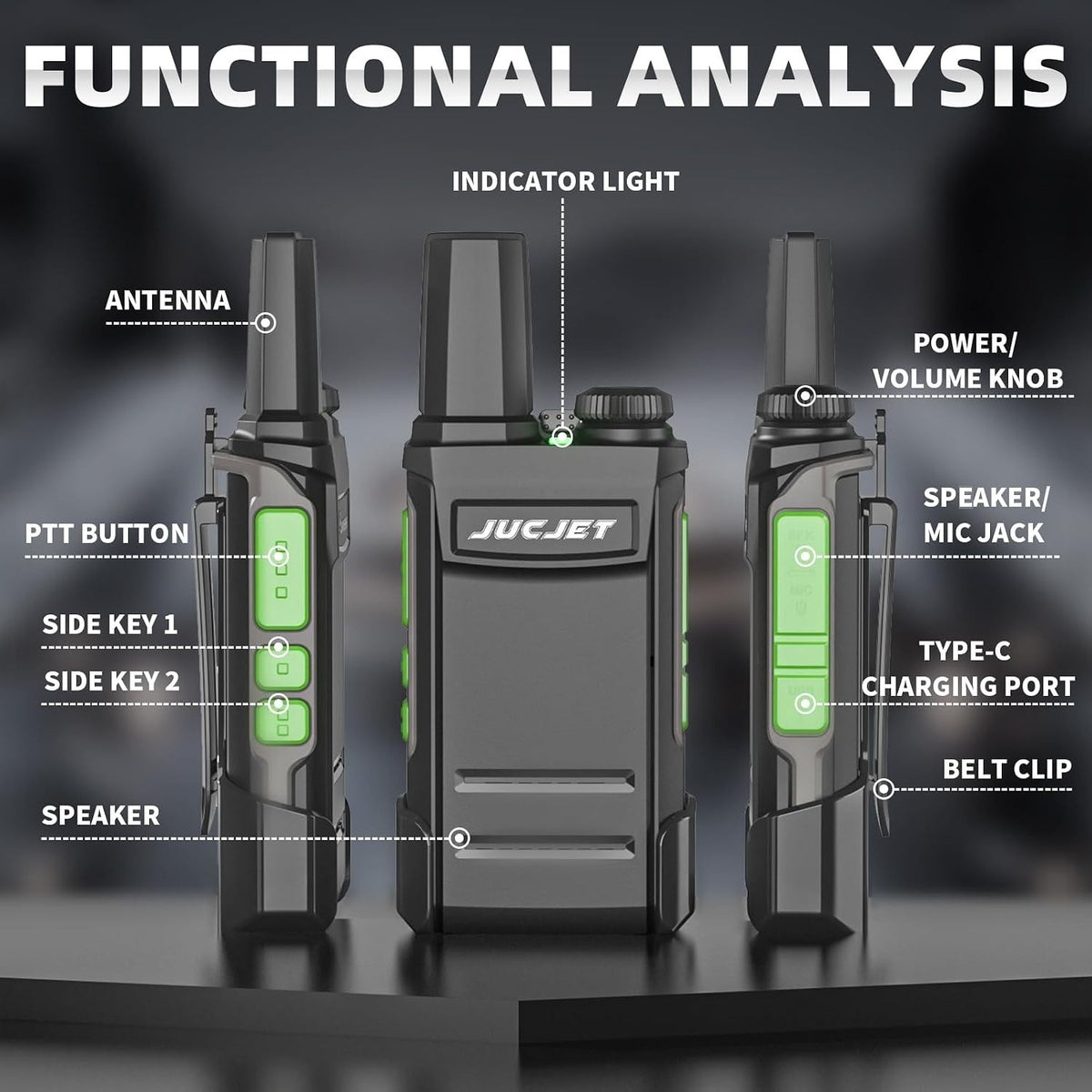 JUCJET TG-A1 controls: PTT, side keys, volume knob, speaker/mic jack and USB-C port