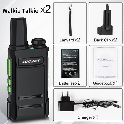 JUCJET TG-A1 2-pack contents: radios, batteries, belt clips, lanyards, manual and USB charger