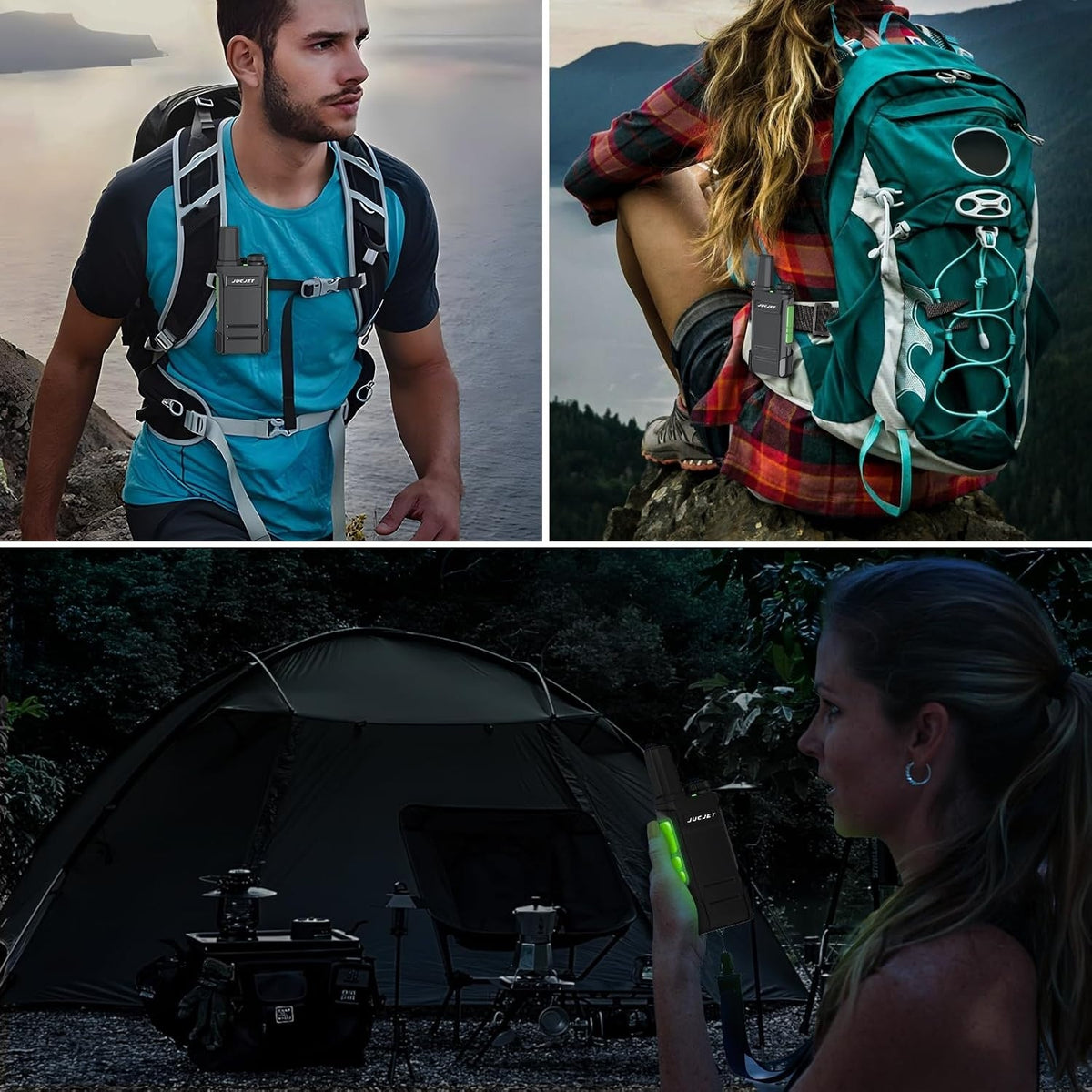JUCJET TG-A1 clipped to a backpack on a hike and used at a campsite
