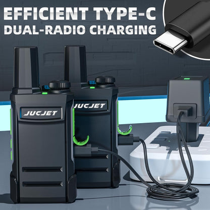 Two JUCJET TG-A1 radios charging from one 2-in-1 USB-C cable