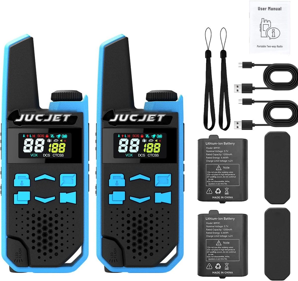 JUCJET TG-FR1 two-way radio 2-pack in blue with rechargeable battery packs, USB-C cables, belt clips, lanyards and user manual
