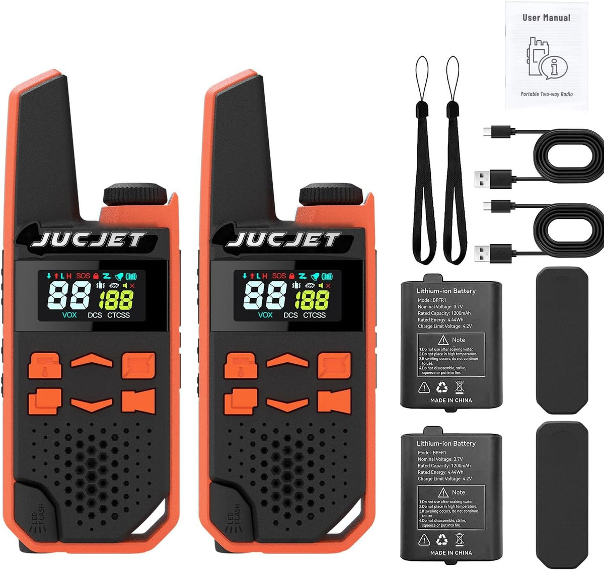 JUCJET TG-FR1 two-way radio 2-pack in orange with battery packs, USB-C cables, belt clips and lanyards
