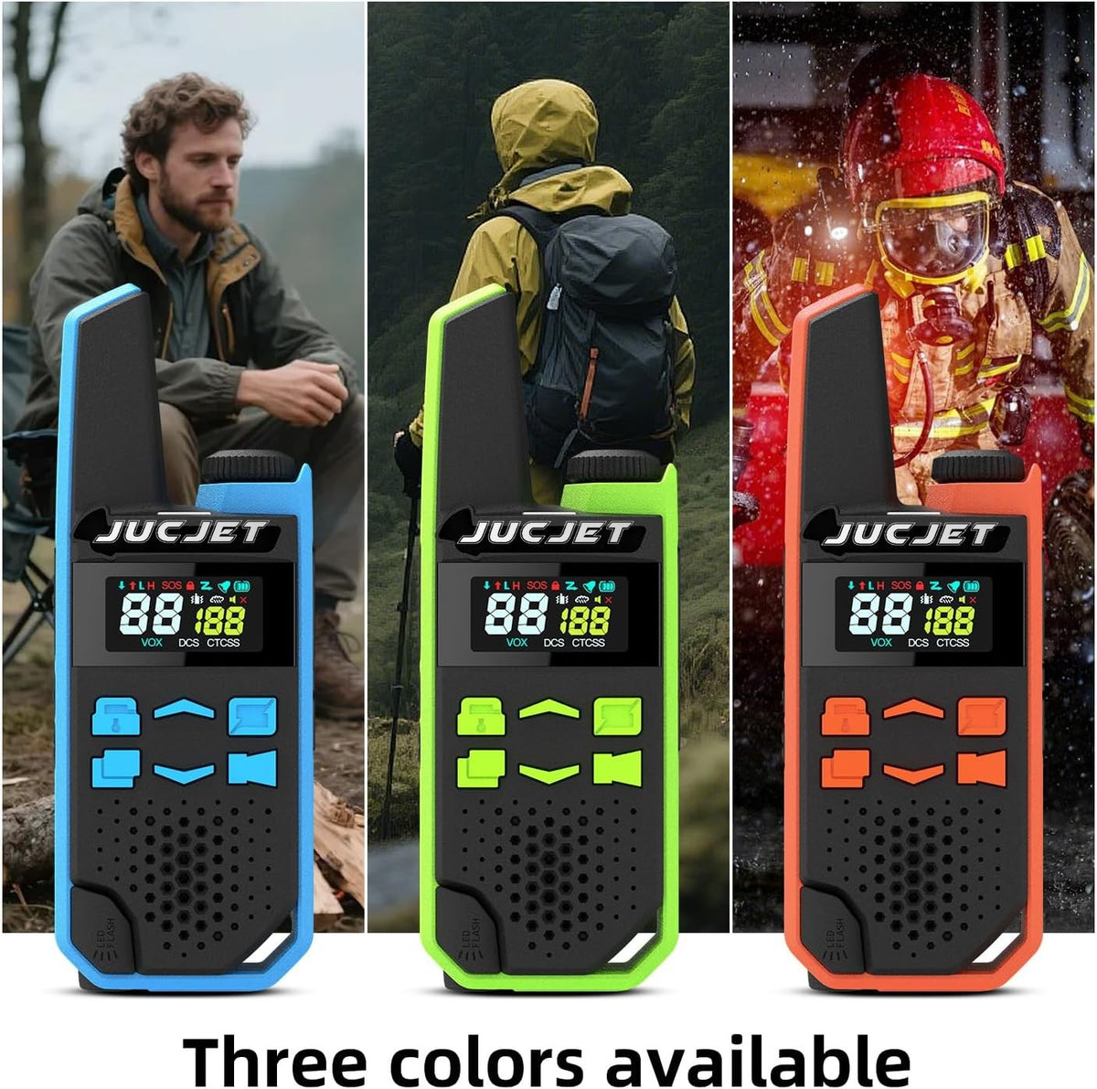 JUCJET TG-FR1 walkie talkie available in blue, green and orange
