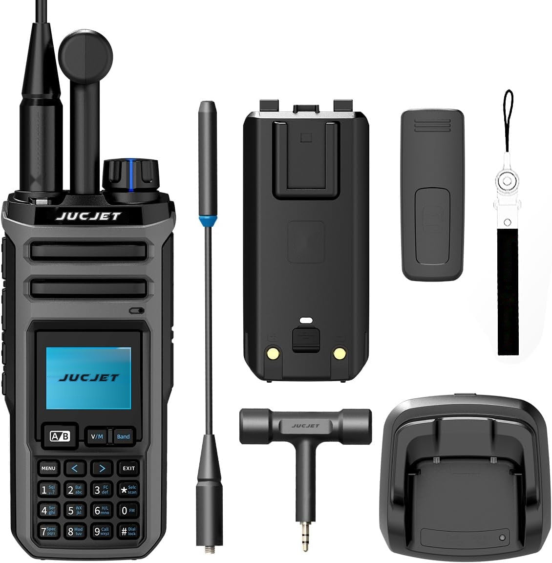 JUCJET TK11(5) quad band ham radio kit with 2500mAh battery, high-gain antenna, T-shape antenna, belt clip, lanyard and desktop charger