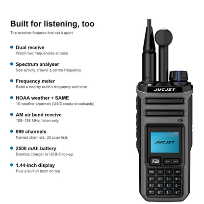 JUCJET TK11(5) features: dual receive, spectrum analyser, frequency meter, NOAA weather, air band, 999 channels, 2500 mAh battery