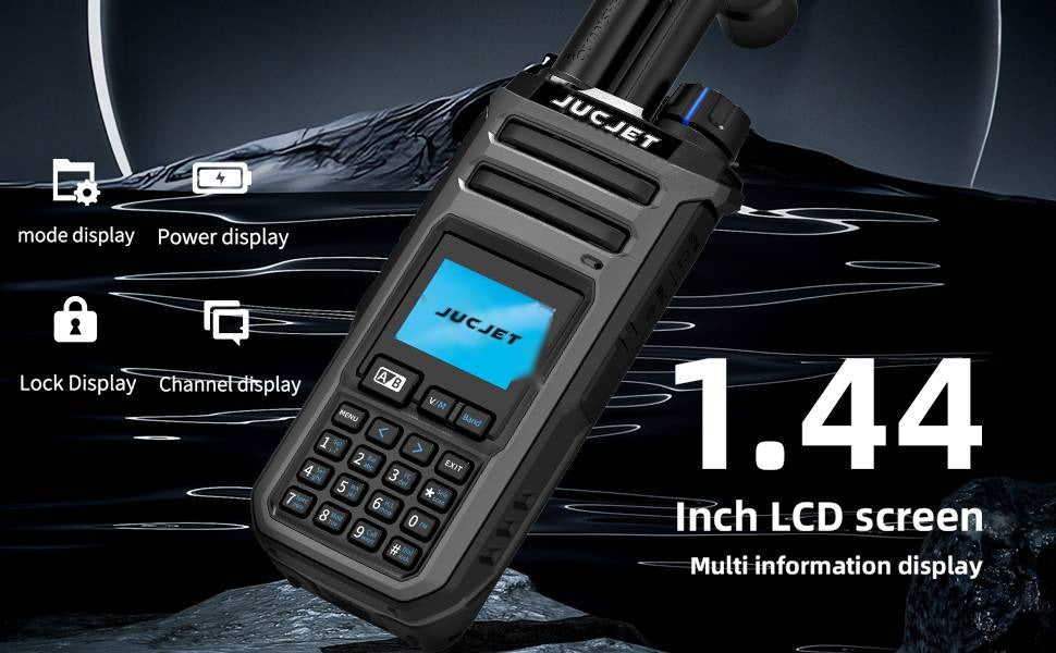 JUCJET TK11(5) 1.44-inch LCD screen showing mode, power, lock and channel display