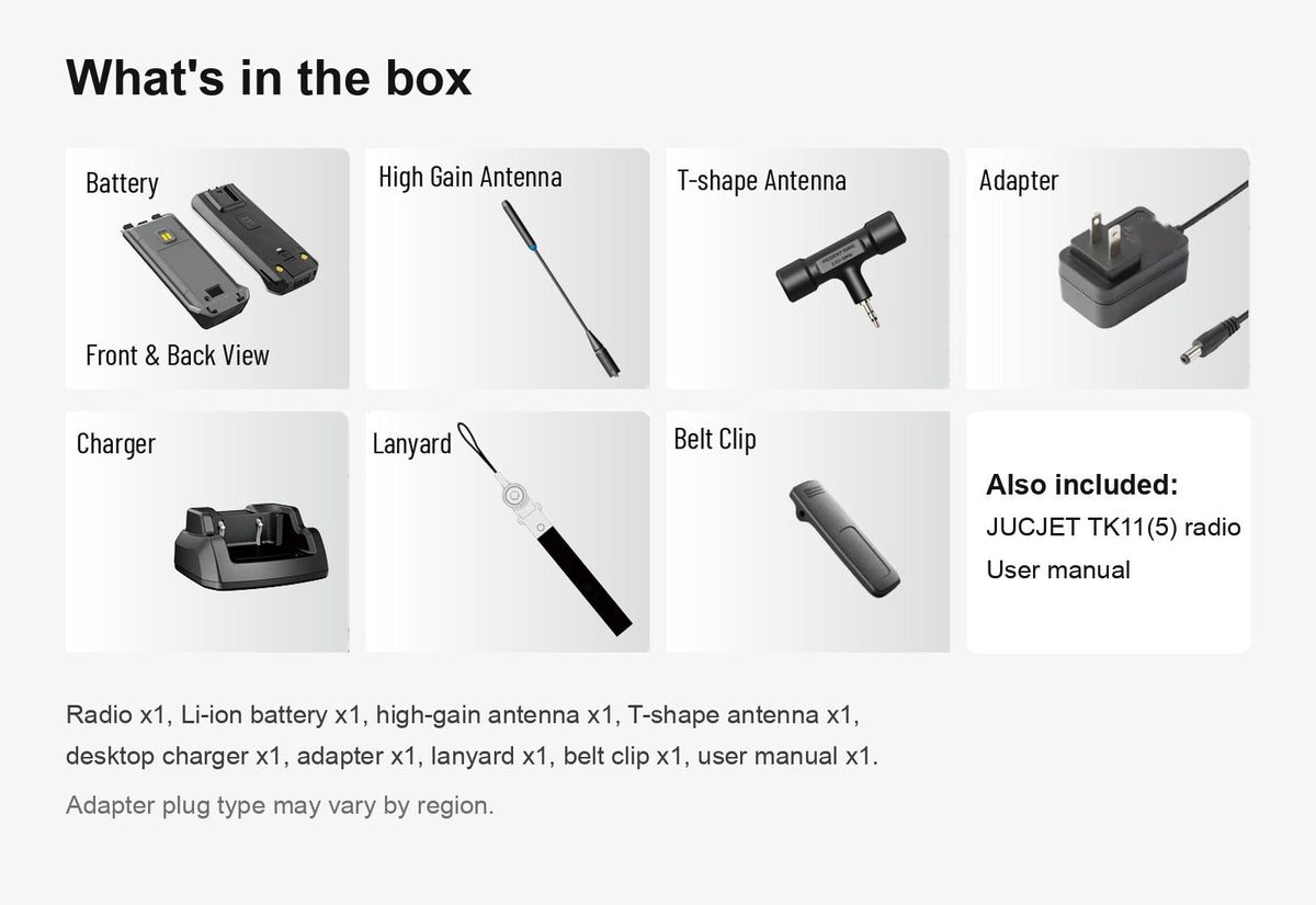 JUCJET TK11(5) box contents: battery, high-gain antenna, T-shape antenna, adapter, charger, lanyard, belt clip