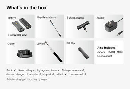 JUCJET TK11(5) box contents: battery, high-gain antenna, T-shape antenna, adapter, charger, lanyard, belt clip