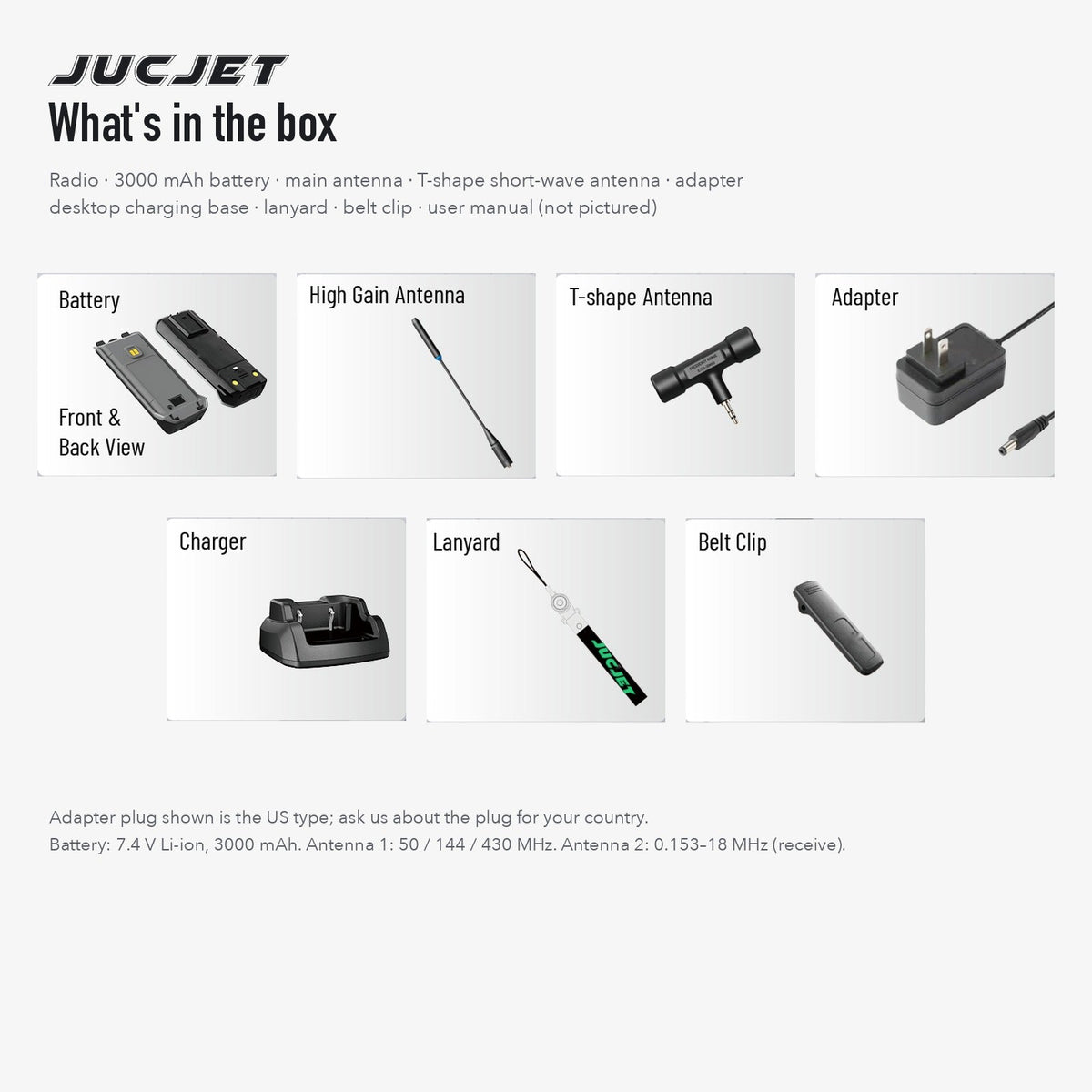 What is in the box with the JUCJET TK11(8): radio, 3000mAh battery, two antennas, adapter, charging base, lanyard, belt clip