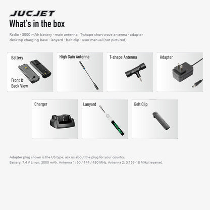 What is in the box with the JUCJET TK11(8): radio, 3000mAh battery, two antennas, adapter, charging base, lanyard, belt clip
