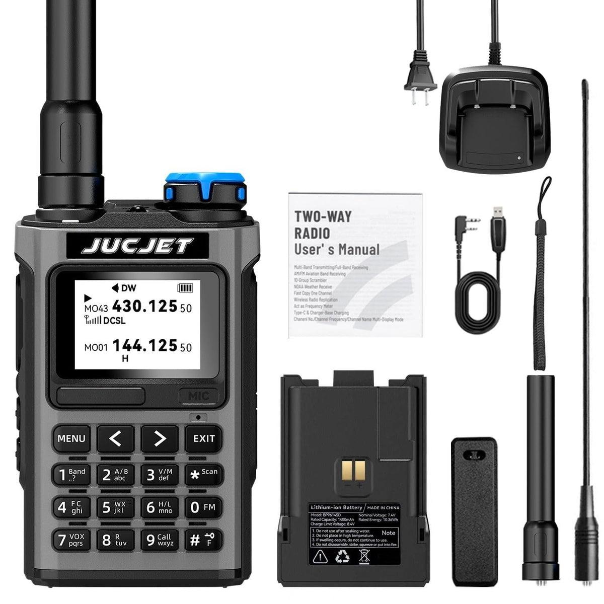 JUCJET UV-K1 handheld radio kit with 1400mAh battery, desktop charger, antennas, belt clip, hand strap and manual