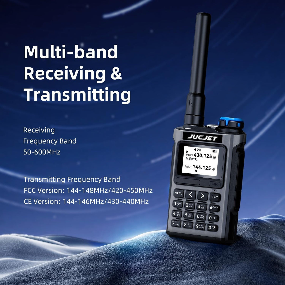 UV-K1 receives 50-600MHz; US version transmits 144-148/420-450MHz, EU/UK version 144-146/430-440MHz