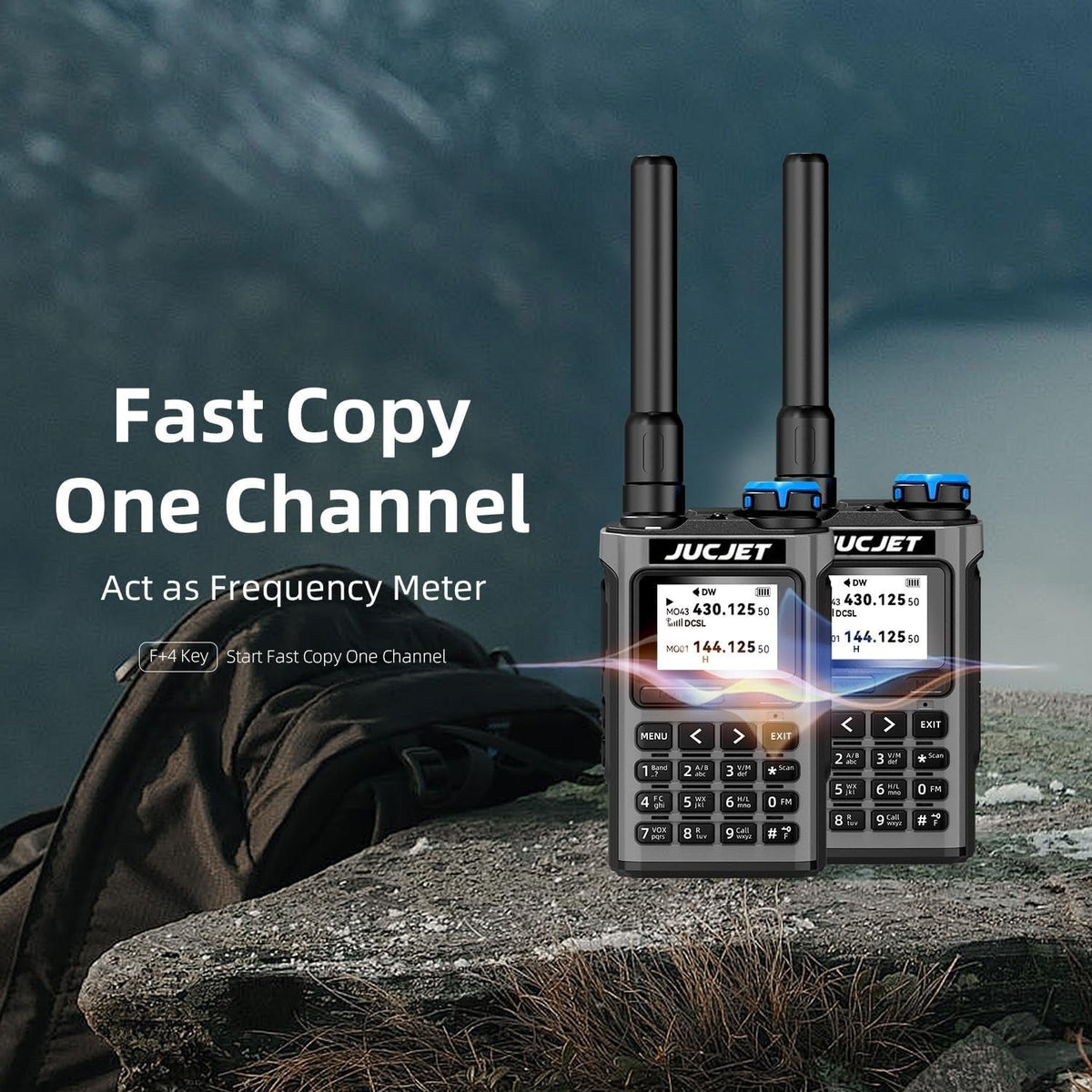 Two UV-K1 radios using one-key frequency copy (F+4) to clone a channel
